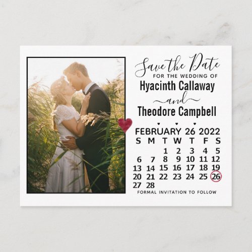 Wedding Save the Date February 2022 Calendar Photo Invitation Postcard