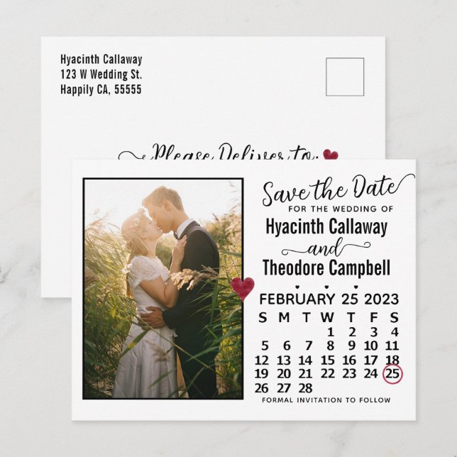 Wedding Save the Date February 2023 Calendar Photo Invitation Postcard (Front/Back)