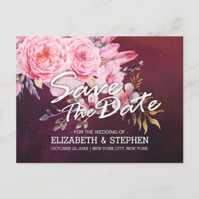 Wedding Save The Date Floral Feathers Burgundy Red Announcement Postcard (Front)