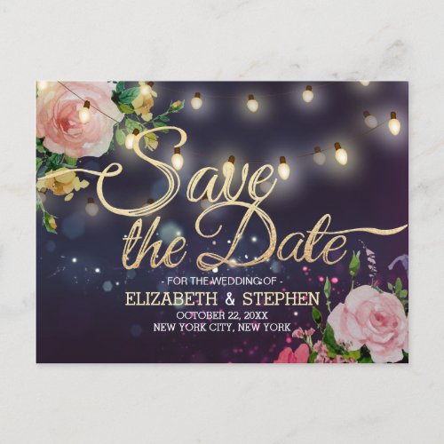 Wedding Save The Date Floral Purple String Lights Announcement Postcard