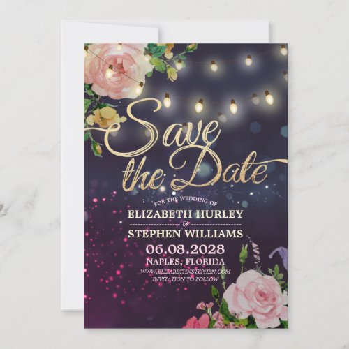 Wedding Save The Date Floral String Lights Purple