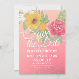 Wedding Save The Date Flowers Pink Gold Glitter