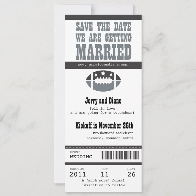 Wedding Save the Date Football Ticket (Front)