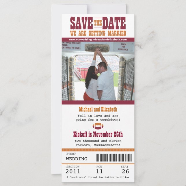 Wedding Save the Date Football Ticket (Front)