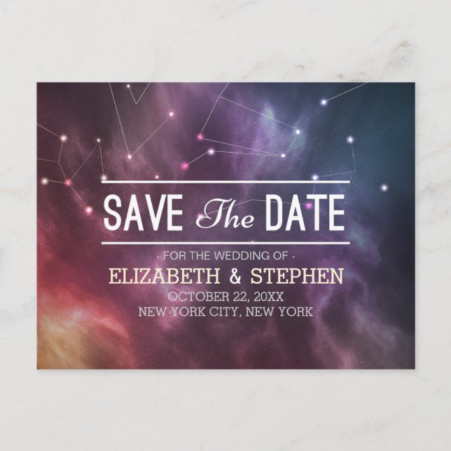 Wedding Save The Date Galaxy Nebula Constellations Announcement Postcard (Front)