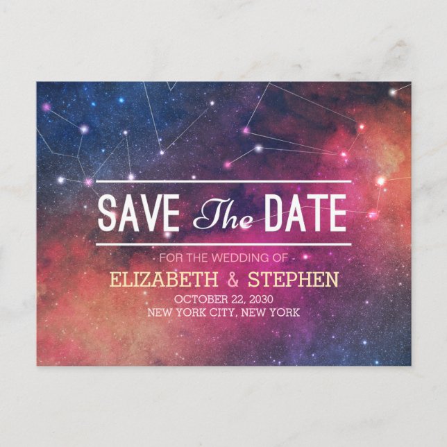 Wedding Save The Date Galaxy Nebula Constellations Announcement Postcard (Front)