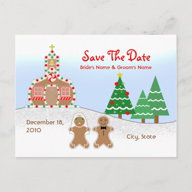Wedding Save The Date - Gingerbread Church Scene Announcement Postcard (Front)