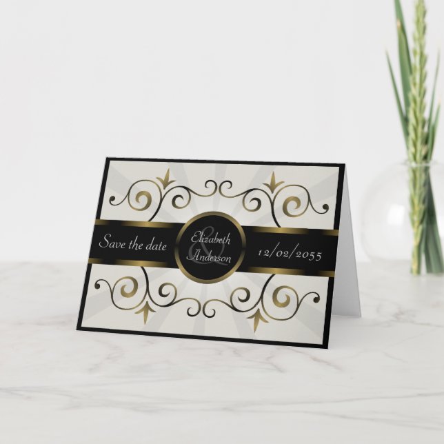 Wedding Save the Date Gold Black Elegant Burst Announcement (Front)