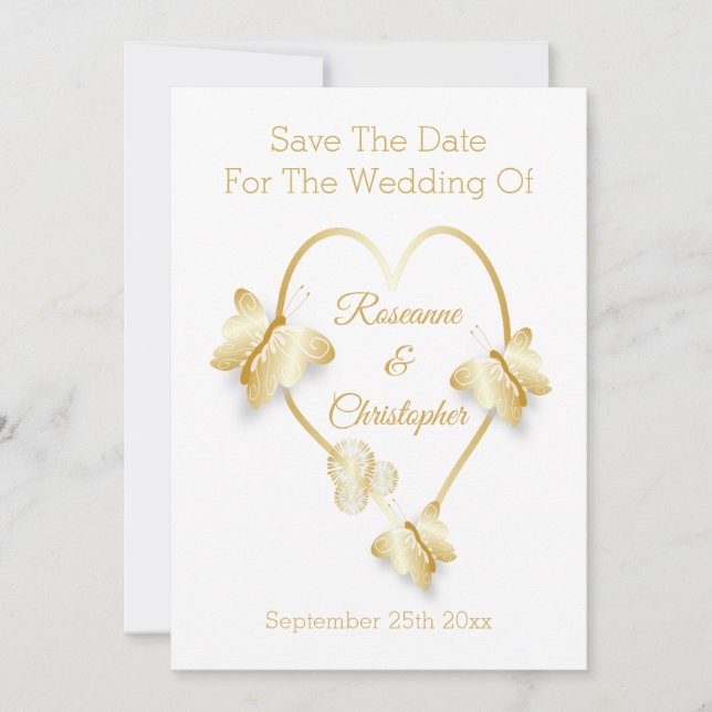 Wedding Save The Date Gold Colour Heart Butterfly (Front)