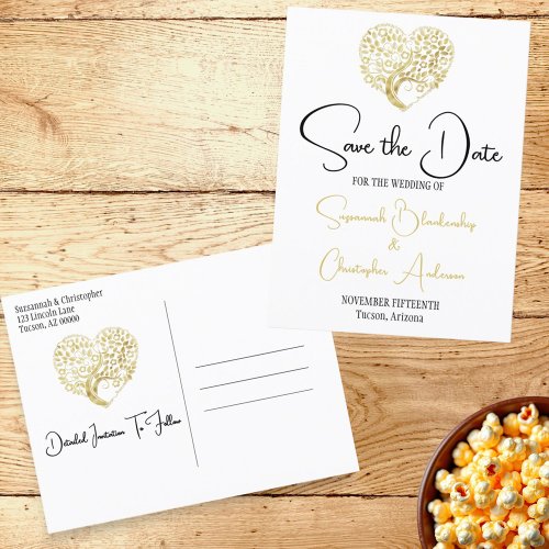 Wedding Save The Date Gold Heart Tree on White