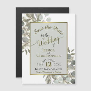 Wedding Save the Date Gold Pine & Greenery Gray Magnetic Invitation