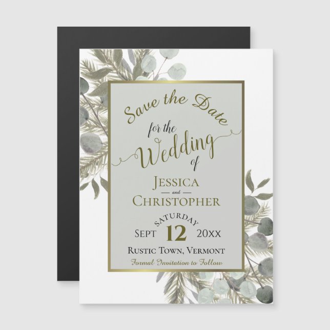 Wedding Save the Date Gold Pine & Greenery Gray Magnetic Invitation (Front/Back)