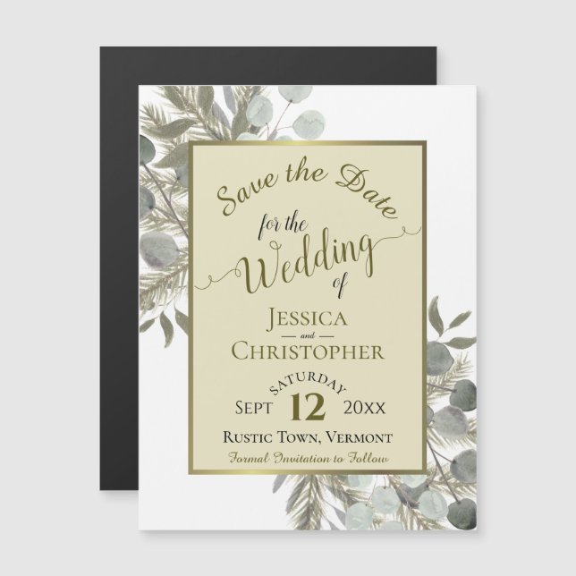 Wedding Save the Date Gold Pine & Greenery Yellow Magnetic Invitation (Front/Back)