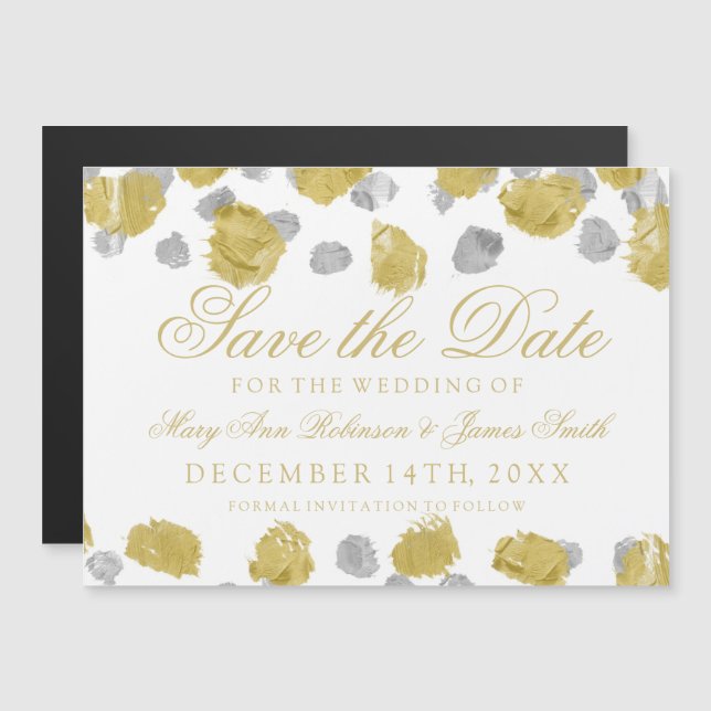 Wedding Save The Date Gold & Silver Paint Strokes Magnetic Invitation (Front/Back)