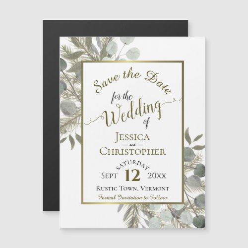 Wedding Save the Date Golden Pine  Greenery Magnetic Invitation