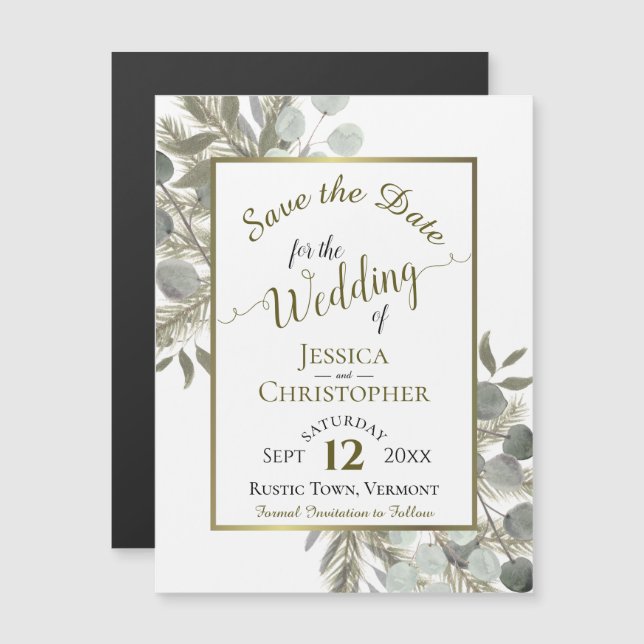 Wedding Save the Date Golden Pine & Greenery Magnetic Invitation (Front/Back)