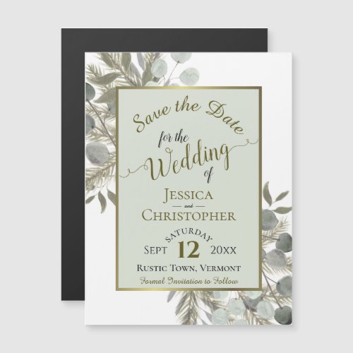 Wedding Save the Date Golden Pine  Greenery Sage Magnetic Invitation