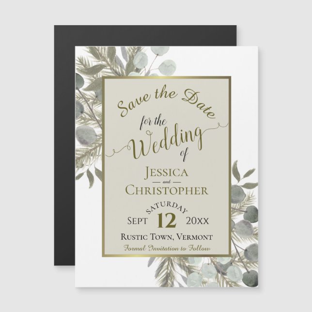 Wedding Save the Date Golden Pine & Greenery Taupe Magnetic Invitation (Front/Back)