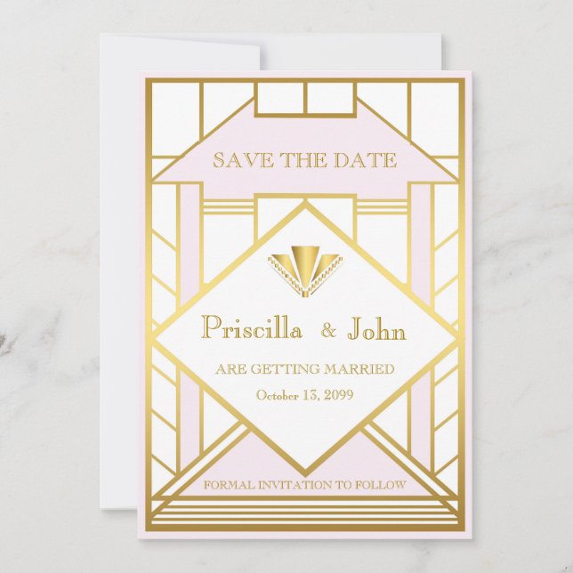 Wedding Save the Date,Great Gatsby,white gold pink Date (Front)