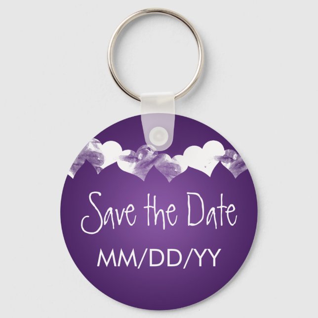 Wedding Save The Date Grunge Hearts Purple Keychain (Front)