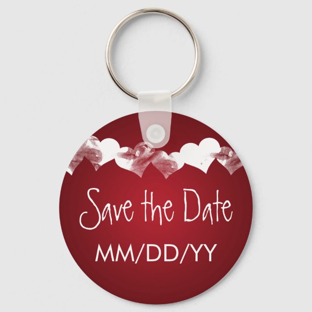 Wedding Save The Date Grunge Hearts Red Keychain (Front)