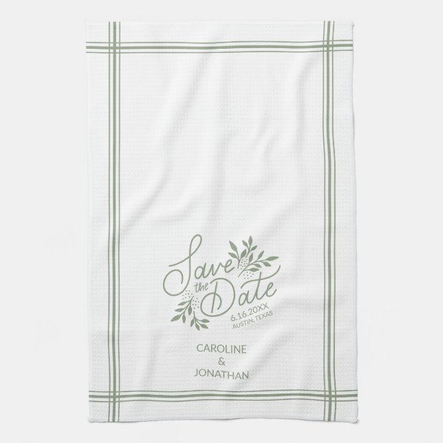 Wedding Save the Date Hand Drawn Botanical Floral Kitchen Towel (Vertical)