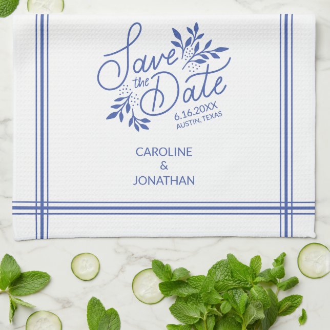 Wedding Save the Date Hand Drawn Botanical Floral Kitchen Towel (Folded)