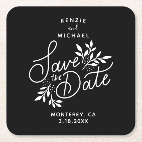 Wedding Save the Date Hand Drawn Botanicals Black Square Paper Coaster