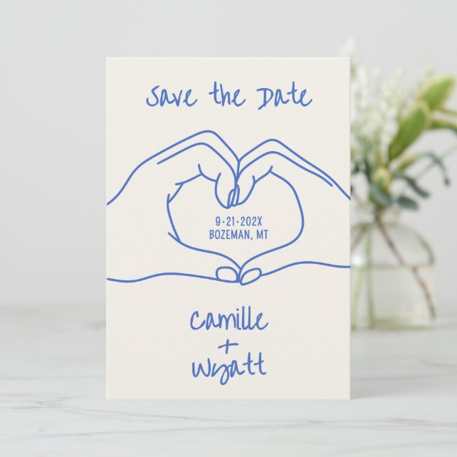  Wedding Save the Date Hand Drawn Heart Hands Blue Invitation (Standing Front)