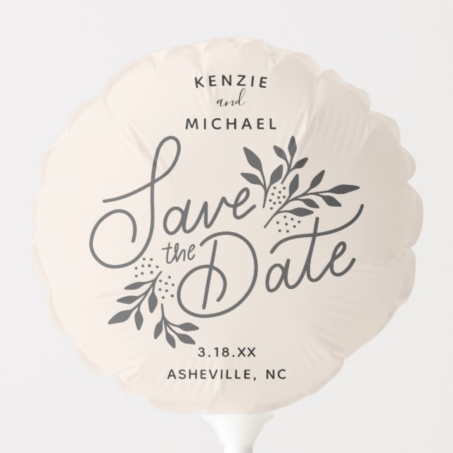 Wedding Save the Date Hand Letter Botanical Peach Balloon (Front)