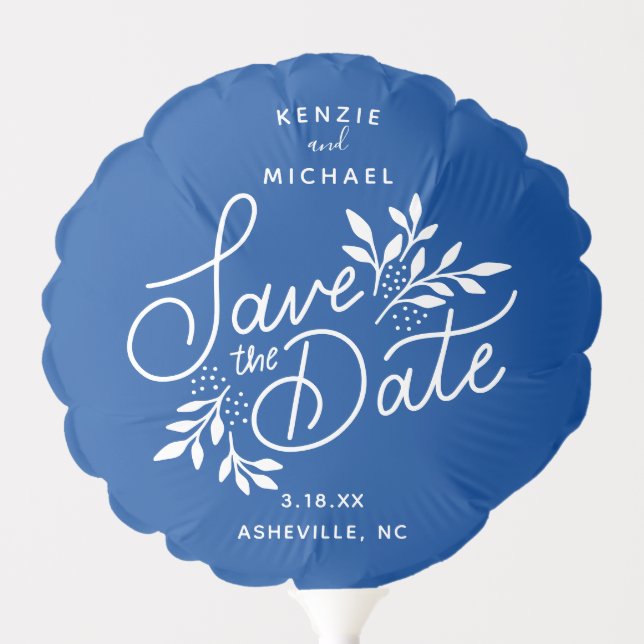 Wedding Save the Date Hand Lettered Botanical Blue Balloon (Front)