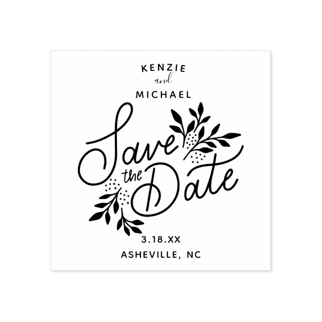 Wedding Save the Date Hand Lettered Botanical Rubber Stamp (Imprint)