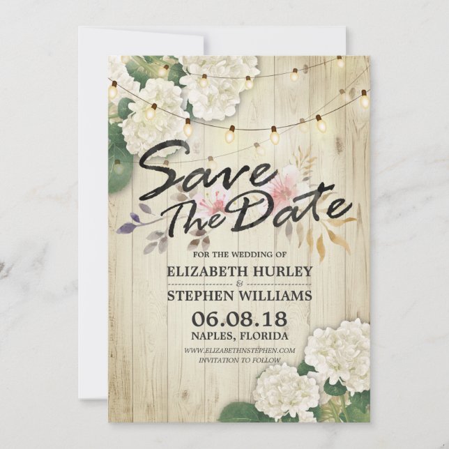 Wedding Save The Date Hydrangea String Lights Wood (Front)