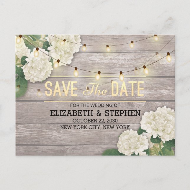 Wedding Save The Date Hydrangea String Lights Wood Announcement Postcard (Front)