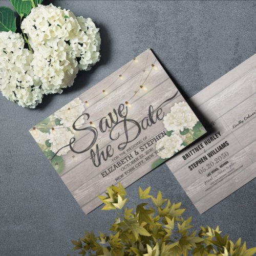 Wedding Save The Date Hydrangea String Lights Wood Announcement Postcard