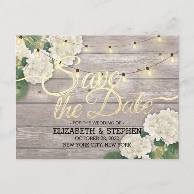 Wedding Save The Date Hydrangea String Lights Wood Announcement Postcard (Front)