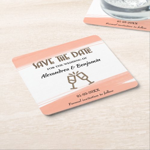 Wedding Save The Date Invitation Pink Personalize Square Paper Coaster