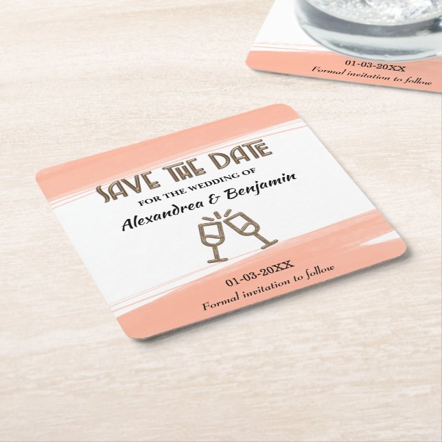 Wedding Save The Date Invitation Pink Personalize Square Paper Coaster (Angled)