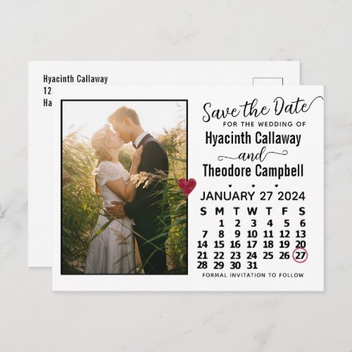 Wedding Save the Date January 2024 Calendar Photo Invitation Postcard