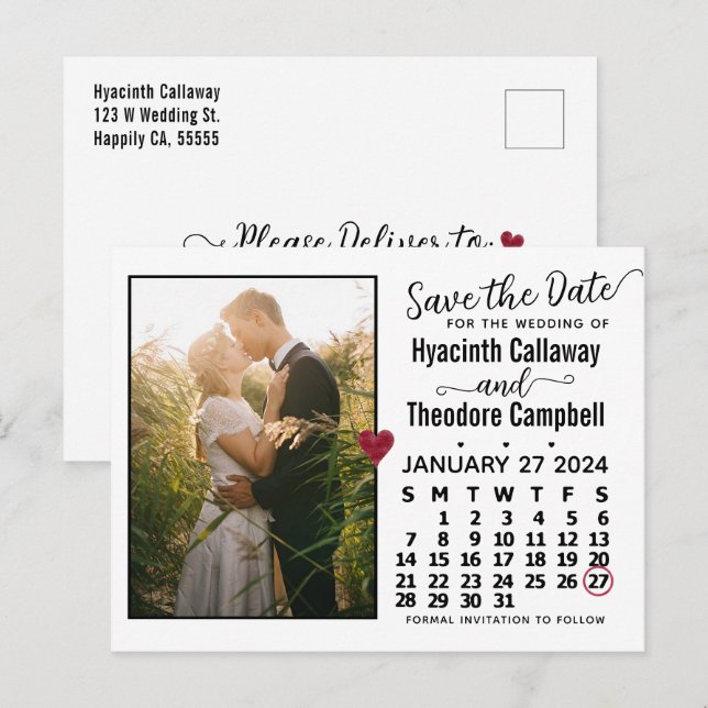 Wedding Save the Date January 2024 Calendar Photo Invitation Postcard (Front/Back)