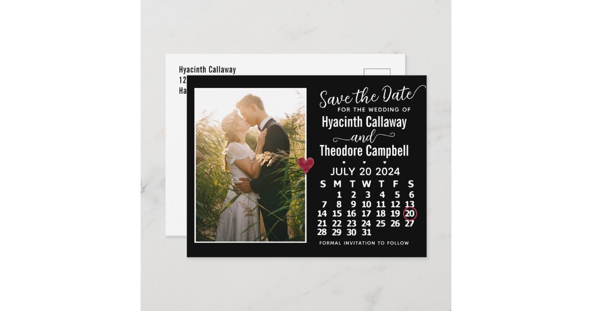 Black White Vintage Rustic Postcard Personalized Wedding Save The Date Cards  - Red Heart Print