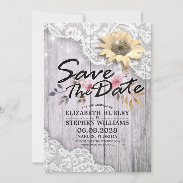 Wedding Save The Date Lace Sunflower Wood Lights (Front)