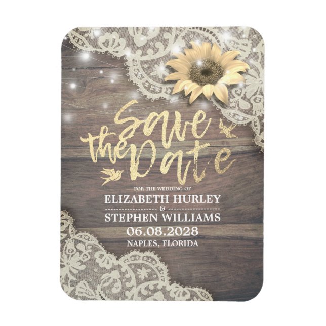 Wedding Save The Date Lace Sunflower Wood Lights Magnet (Vertical)
