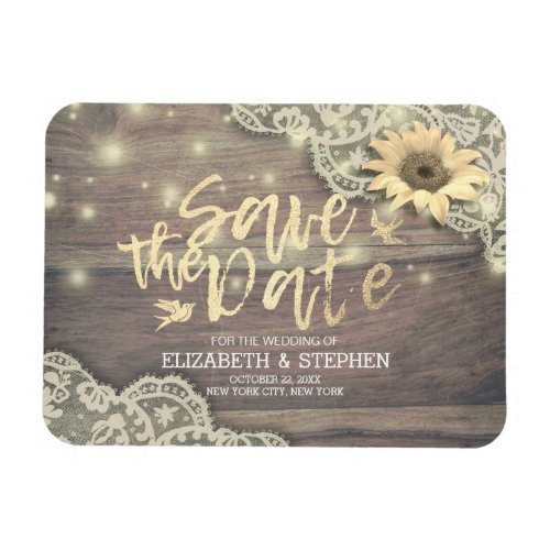 Wedding Save The Date Lace Sunflower Wood Lights Magnet