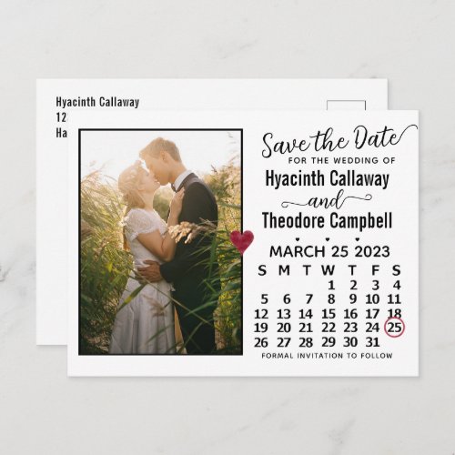 Wedding Save the Date March 2023 Calendar Photo Invitation Postcard