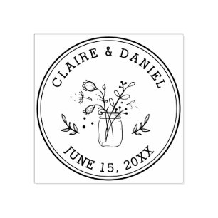 Wedding Save the Date Mason Jar Flowers Rubber Stamp