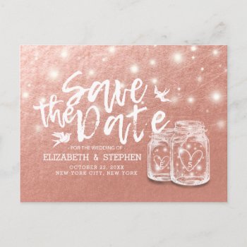 Wedding Save The Date Mason Jars Lights Rose Gold Postcard by ReadyCardCard at Zazzle