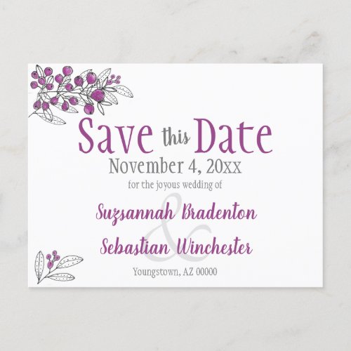 Wedding Save The Date Minimalist Purple Berries Announcement Postcard
