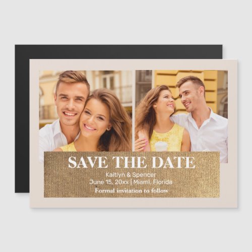 Wedding Save the Date Modern 2 Photo Gold Tan  Magnetic Invitation