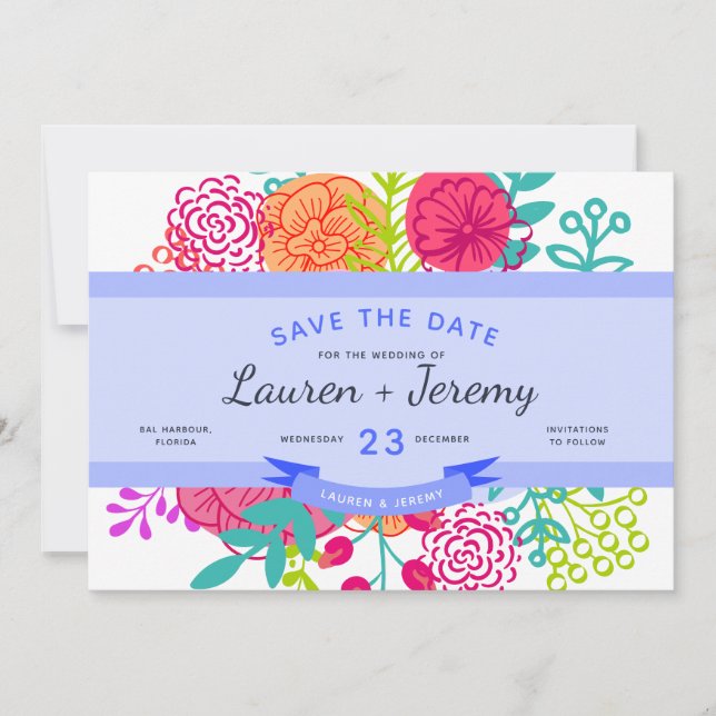 Wedding Save the Date Modern Blue Ribbon Floral (Front)